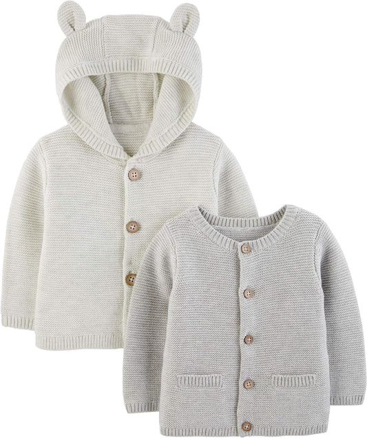 Unisex Babies' Knit Cardigan Sweaters, Pack of 2, Grey, 0-3 Months